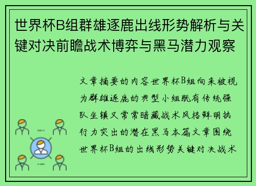 世界杯B组群雄逐鹿出线形势解析与关键对决前瞻战术博弈与黑马潜力观察