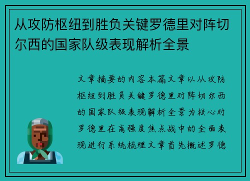 从攻防枢纽到胜负关键罗德里对阵切尔西的国家队级表现解析全景